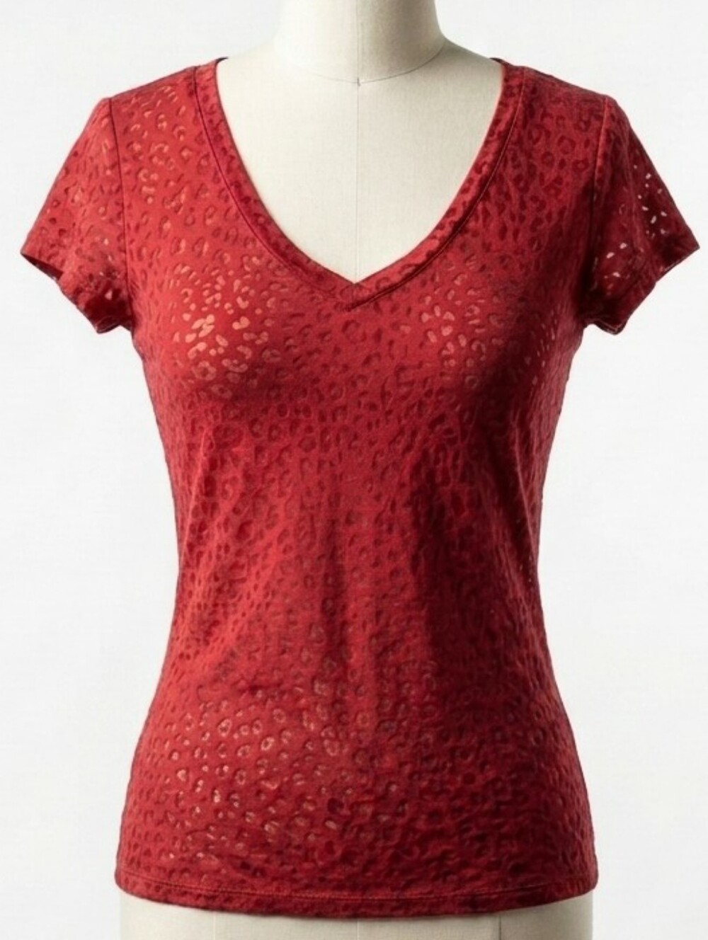 Vintage 90s RUE21 Red Animal Print Burnout Tee | Y2K Grunge Cap Sleeve V-Neck - Picture 1 of 13